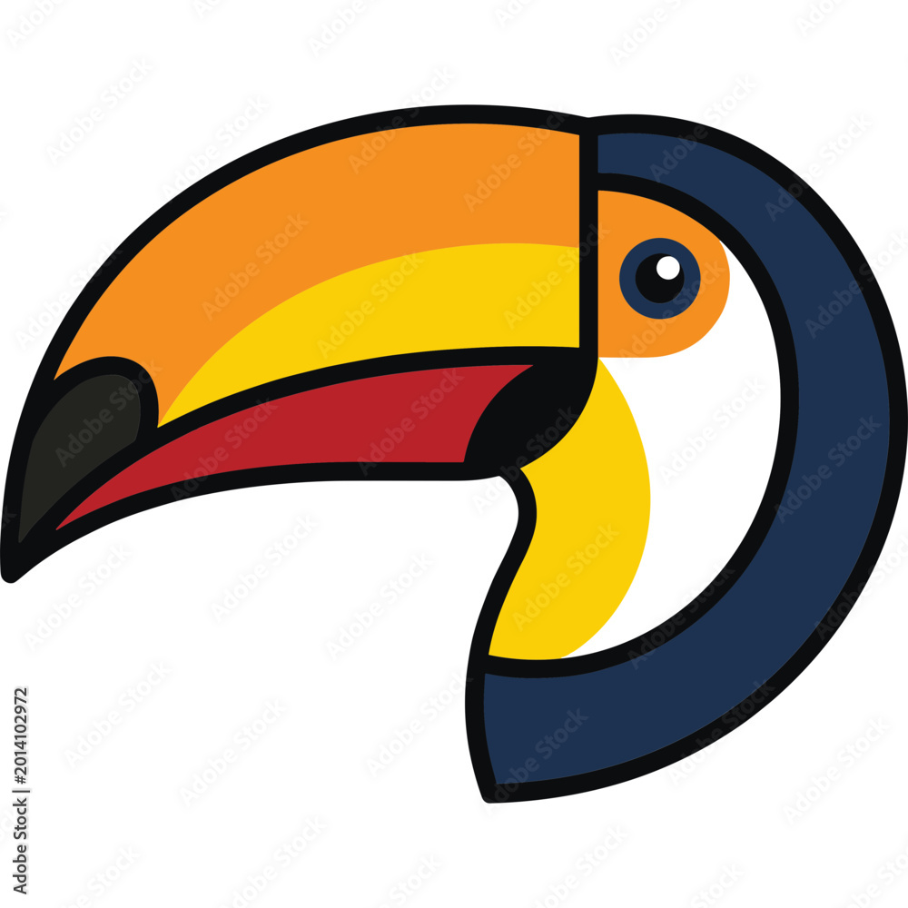 Fototapeta premium Vibrant illustration of a toucan's head showcasing its colorful beak and eye in profile view.