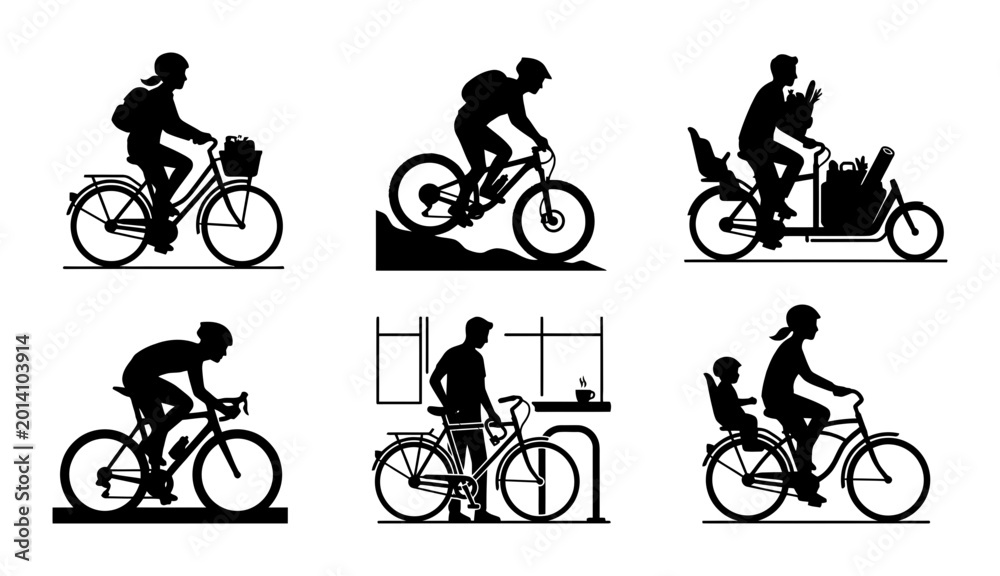 Obraz premium Six bicycle silhouette icons set, solid black style, various people riding bikes for sport, commuting, family recreation