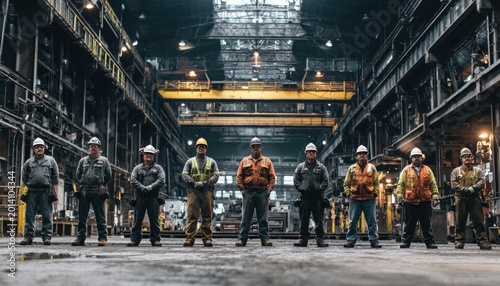 Steelworkers standing proudly in factory interior