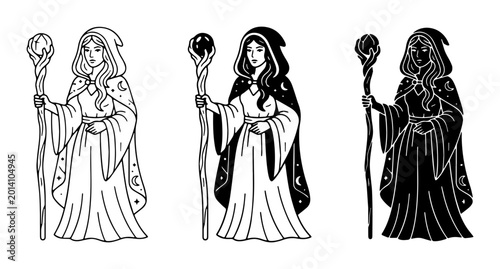 Foto Mystical Witch Vector Set, Fantasy Sorceress Graphics, Magical Female Character