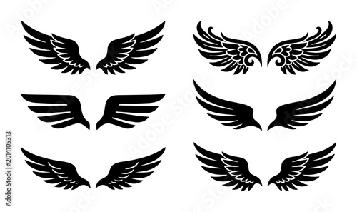 Bild auf Leinwand Diverse Wing Silhouettes Collection, Angelic and Tribal Designs, Vector Icons fo