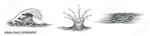 Engraved style ocean water wave splash and calm ripples collection on transparent background.