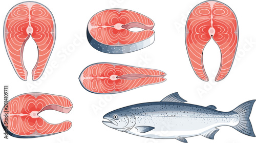 Tableau sur toile Fresh whole salmon with cross-section steaks