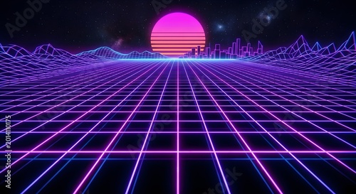 Retro 80s Synthwave Sunset Background with Purple Neon Grid Landscape and Cyberpunk Futuristic Aesthetic