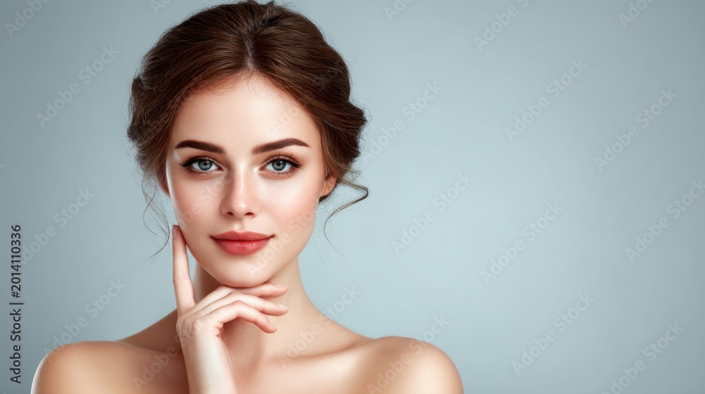 Naklejka premium Captivating Portrait of a Young Woman with Natural Makeup and Soft Expressions, Perfect for Beauty and Fashion Themes in Modern Photography