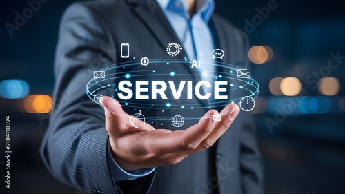 Businessman holding glowing word service with various icons representing digital customer support.