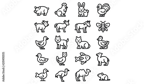 Animal Line Icons Outline Vector Set Isolated on White Background