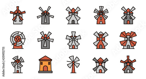 Fotografie Colorful windmills icons set diverse styles for design and illustration