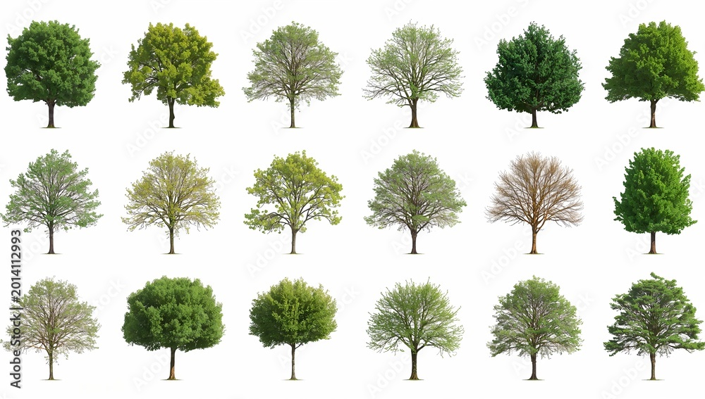 Fototapeta premium Diverse collection of trees with various shapes, textures, and colors, showcasing the beauty and diversity of nature