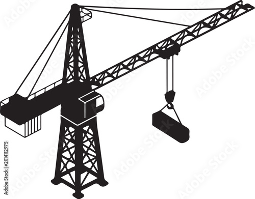 Construction crane, tower crane, black silhouette, industrial icon, vector illustration