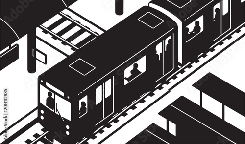 Black and white city tram, urban transport illustration, isometric vector graphic, cityscape element