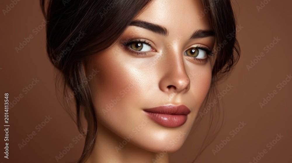 Fototapeta premium Natural Beauty Portrait of a Young Woman with Soft Makeup and Glossy Lips Against a Smooth Warm Background in Professional Studio Lighting