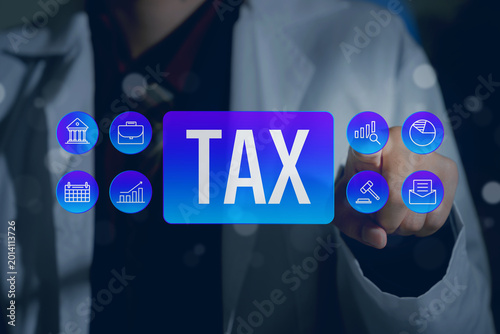 Tax management, businessman interacting with digital tax interface and financial icons, accounting compliance and business administration