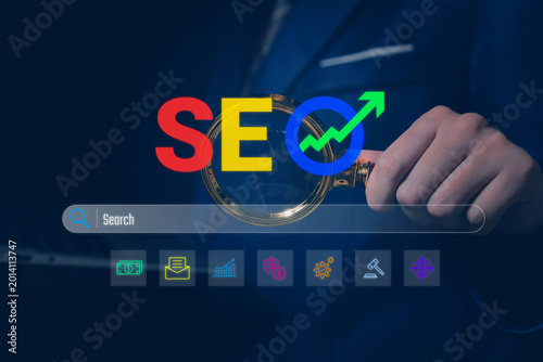 SEO optimization, businessman analyzing search engine ranking with digital marketing interface, website visibility and online growth strategy