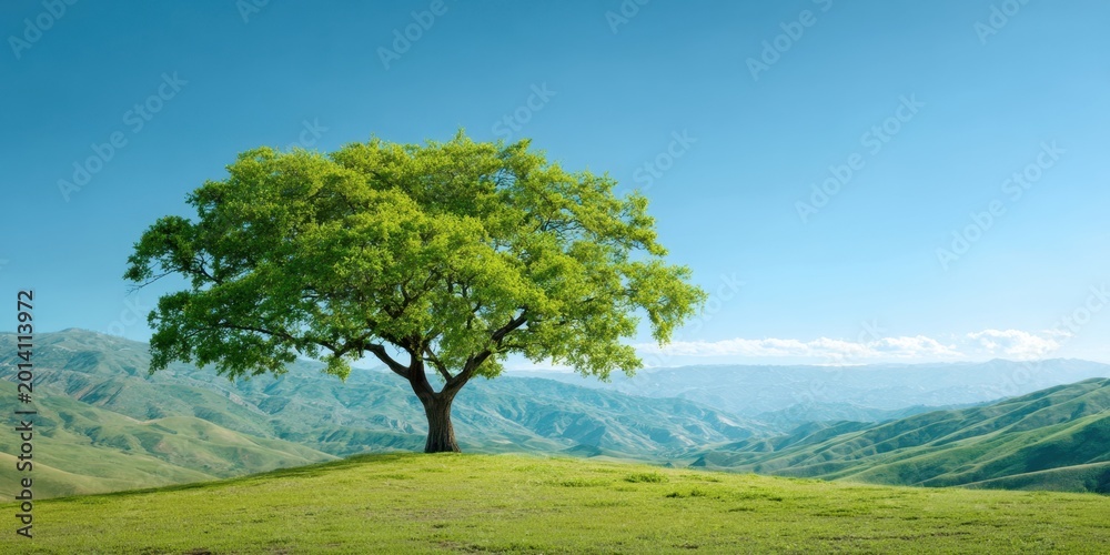 Fototapeta premium The tree standing alone on a sunlit hill overlooking rolling green valleys