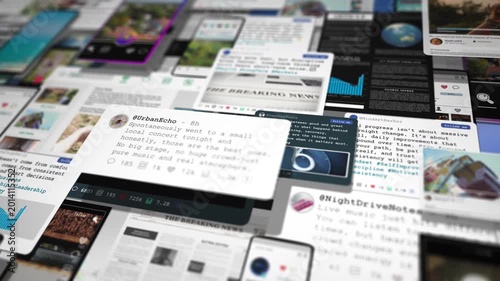 Cinematic collage of social media feeds, news and digital interfaces floating in layered perspective, visualizing online overload for marketing, media and tech campaigns