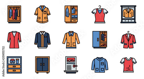 Photos Wardrobe and apparel icons colorful illustrations of clothing and storage