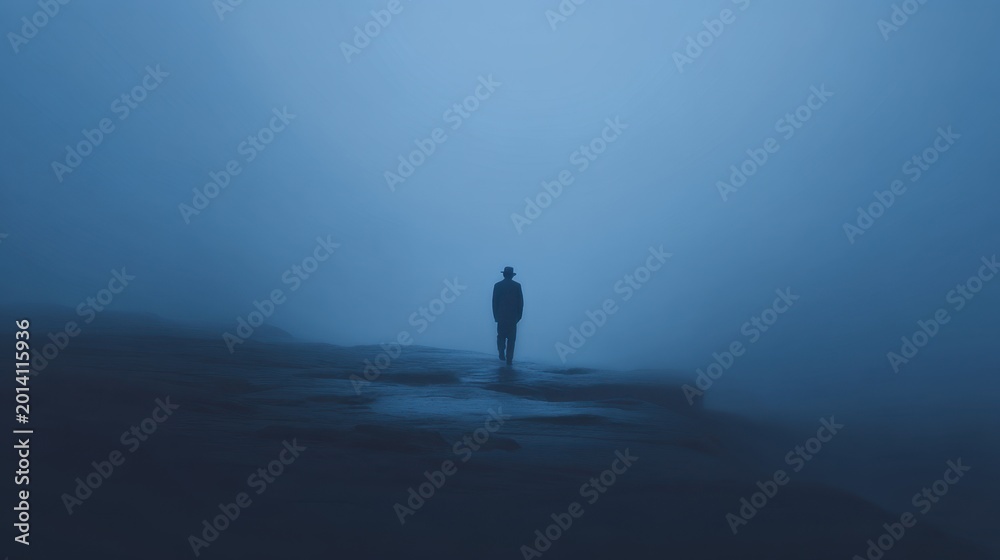 Naklejka premium Solitary Figure in Misty Landscape, Evoking Mystery and Contemplation Amidst Soft Blue Tones, Representing Loneliness and Quiet Reflection in Nature
