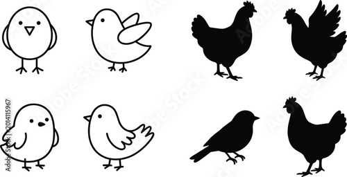 Foto Set of cute cartoon chick line icons and black chicken silhouettes including hen