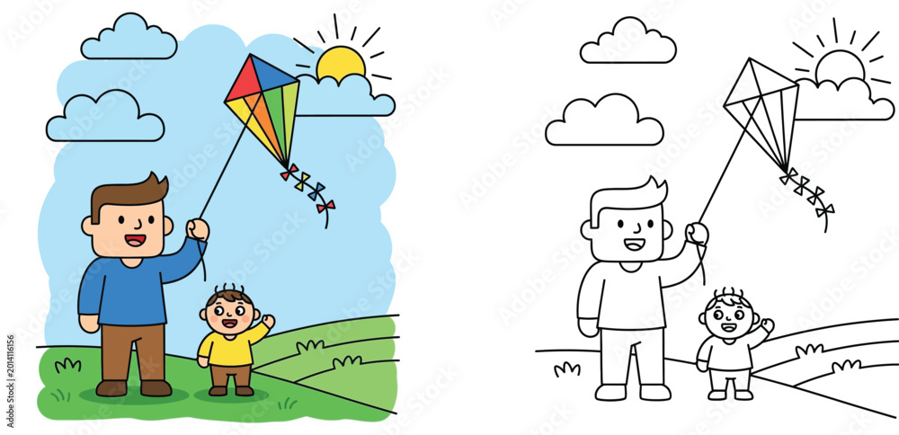 Naklejka premium Father and Son Flying a Kite in a Sunny Field Outdoor Activity Cartoon Illustration and Coloring Page Line Art Vector for Kids Education and Family Bonding Projects