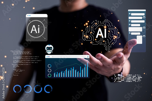 Businessman presenting artificial intelligence interface with chatbot, analytics dashboard and digital data visualization.