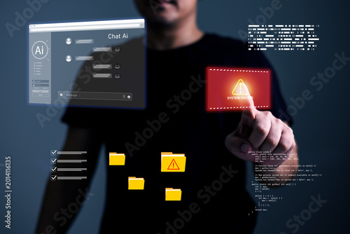Man interacting with AI chatbot interface and cybersecurity warning alert on virtual screen.