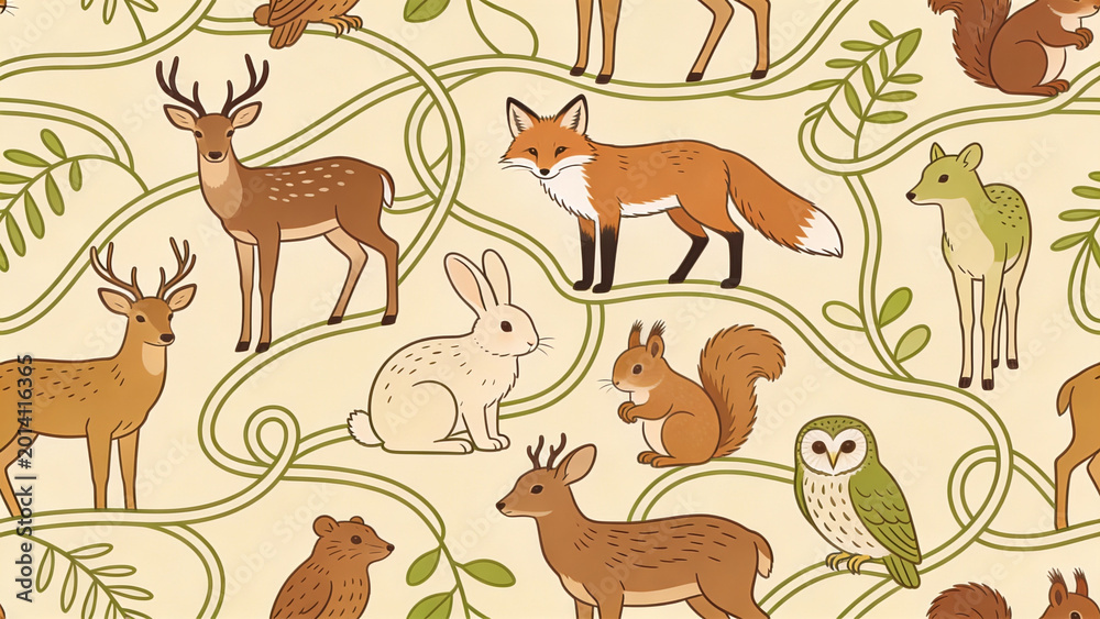 Obraz premium Whimsical forest animals pattern with deer, fox, rabbit, squirrel, owl, and foliage.