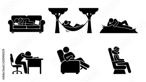 Photos Relaxation and Rest Icons Set, People Resting on Sofa, Hammock, Desk, Recliner,