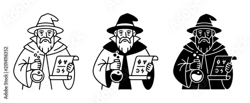 Photos Wizard Icons Set, Magic Potion and Scroll Illustrations, Mystical Alchemist Char