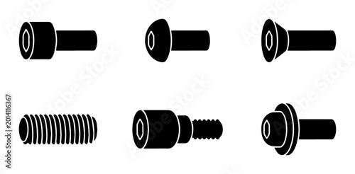 Cuadro en lienzo Set of Six Black Hex Socket Bolts, Allen Screws, and Fasteners, Industrial Hardw