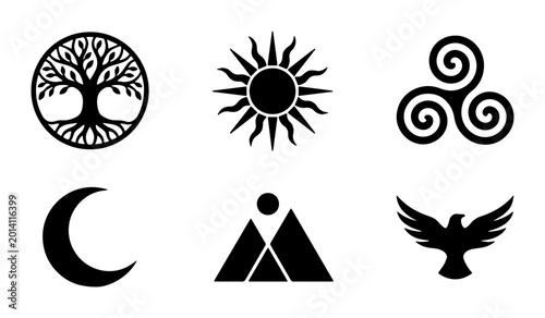 Fotografía Mystical Symbols Collection: Tree of Life, Sun, Triskele, Moon, Mountains, Eagle Icons