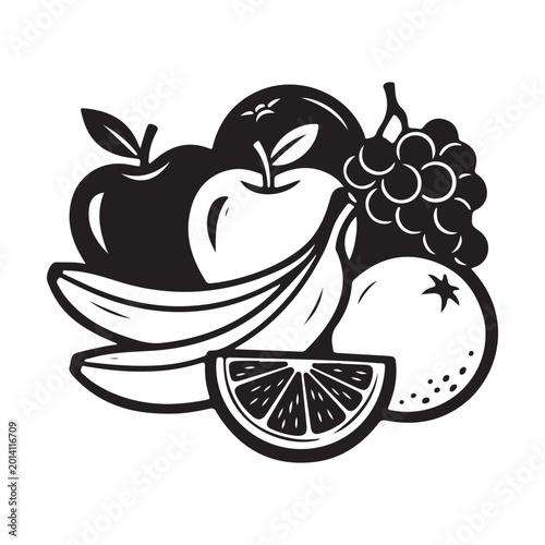 Black and white illustration of fresh assorted fruits