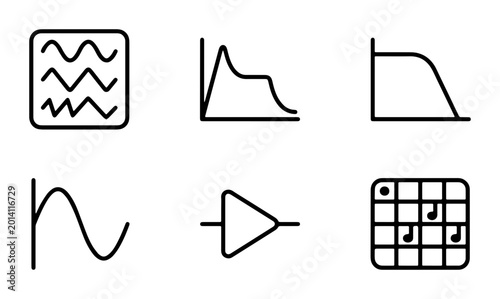 Photos Audio Waveform and Sound Icons Set, Music Notation Grid, Signal Processing Symbo