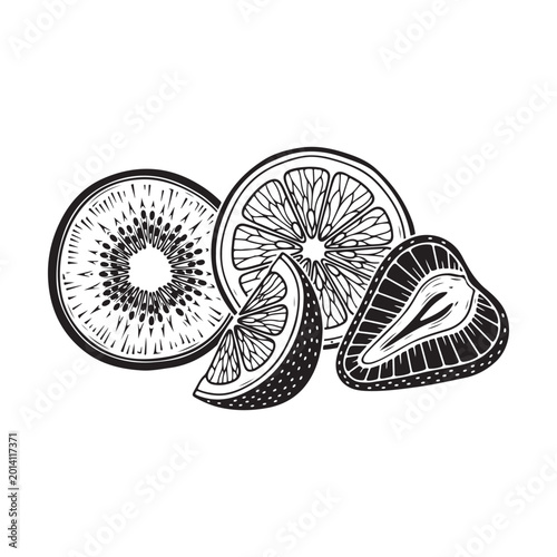 Black and white line art illustration of fresh sliced fruits