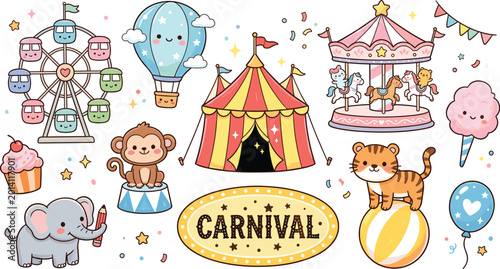 Photography Vector Set of Cute Carnival Elements Including Ferris Wheel, Hot Air Balloon, Circus Tent, Animals, and Sweet Treats for Fun and Festive Designs