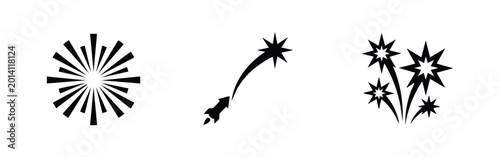 Festive Fireworks and Celebration Icons Set - Explosion and Rocket Vector Symbols