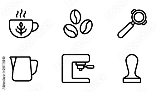 Foto Coffee Icons Set, Espresso Machine, Beans, Cup, Portafilter, Tamper, Pitcher, Ve