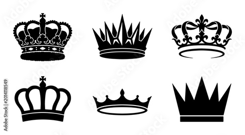 Foto Royal Crown Icons Set, Black Silhouette Vector Graphics, Regal Symbols for Royal