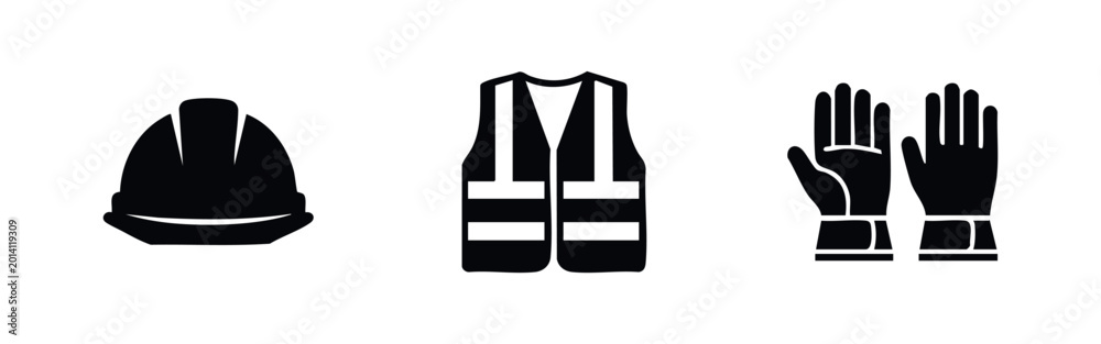Fototapeta premium Safety and work equipment icons: hard hat, vest, gloves.