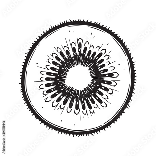 Black and white hand drawn slice of kiwi fruit