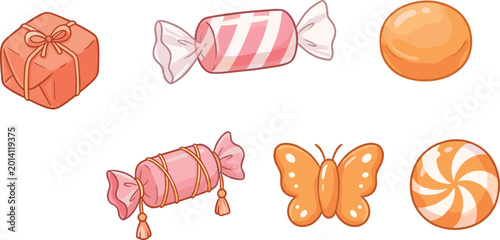 Cuadro en lienzo Various colorful candies and a butterfly arranged against a white background for