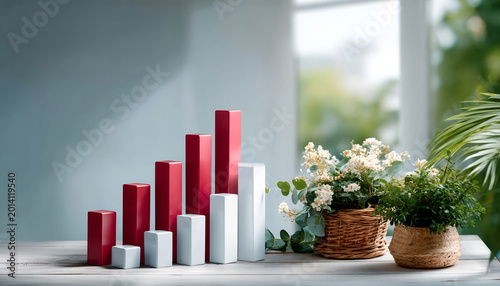 Red bar chart growth plant on table financial growth concept with potted flowers and leaves in bright room