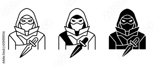 Фотография Assassin Icon Set, Stealthy Figure with Dagger, Silhouette and Outline Styles, V