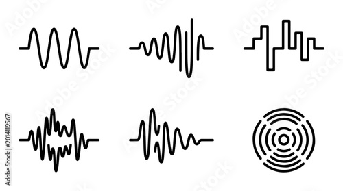 Photos Abstract Sound Waveforms and Audio Signal Icons, Set of 6 Minimalist Vector Grap