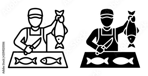 Bild auf Leinwand Fisherman Icon Set, Seafood Vendor, Fishmonger, Professional Butcher, Market Sta