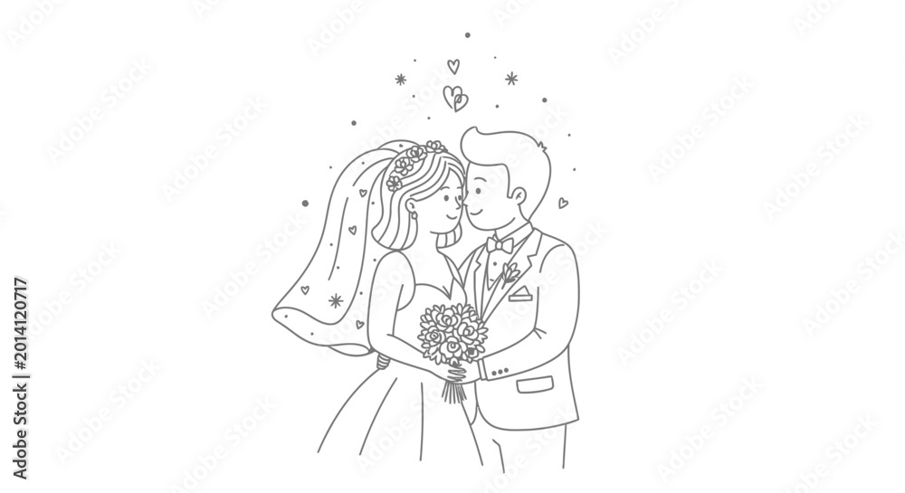 Obraz premium Couple Wedding Line Art Illustration, Bride and Groom Kissing