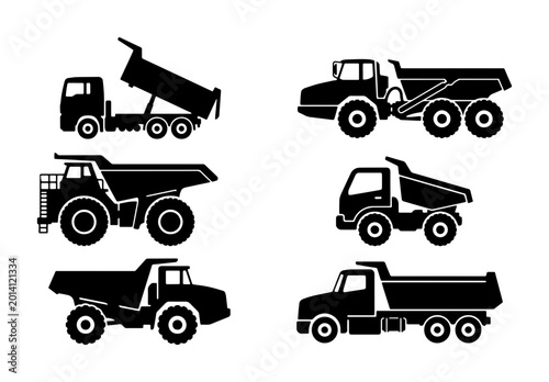 Billede på lærred Construction Dump Truck Icons, Heavy Machinery Vector Set, Industrial Vehicle Si