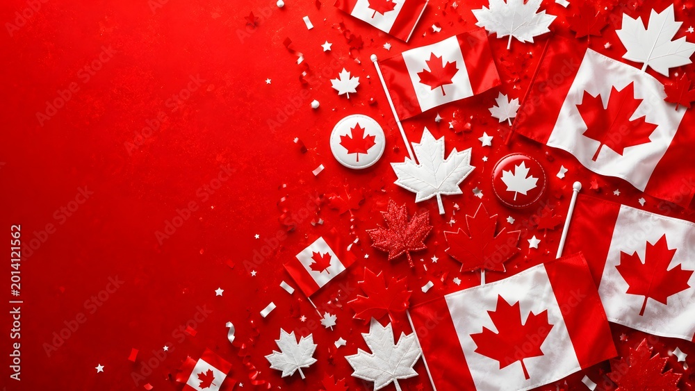 Fototapeta premium Canadian flags and maple leaf decorations on red background with confetti and stars for canada day celebration