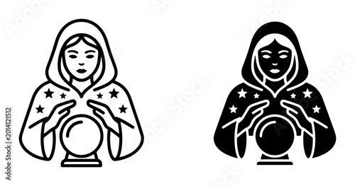 Bild auf Leinwand Fortune Teller Crystal Ball Icons, Mystic Woman Silhouette, Psychic Vision Symbo