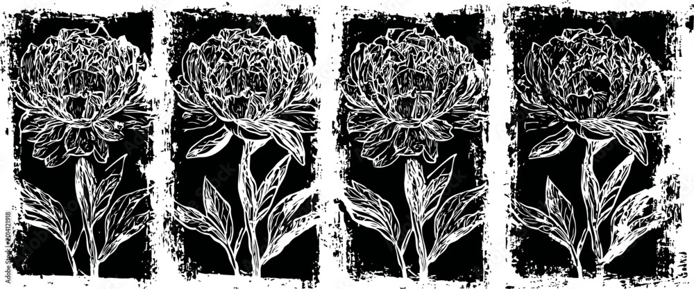 Fototapeta premium Vintage floral black and white peony illustration set with grunge texture background